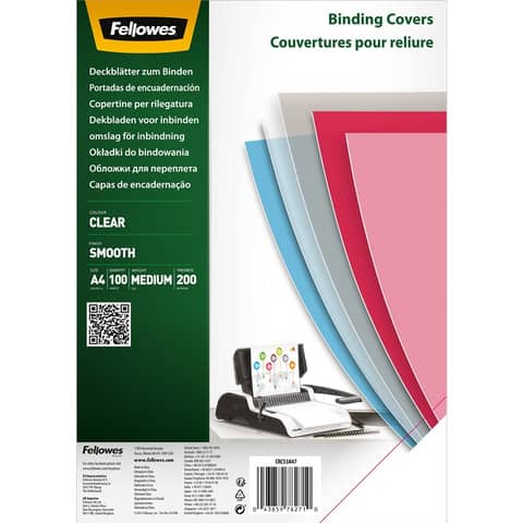 Copertine per rilegatura A4 in PET trasparente  Fellowes 200 micron conf. 100 pezzi 5384701